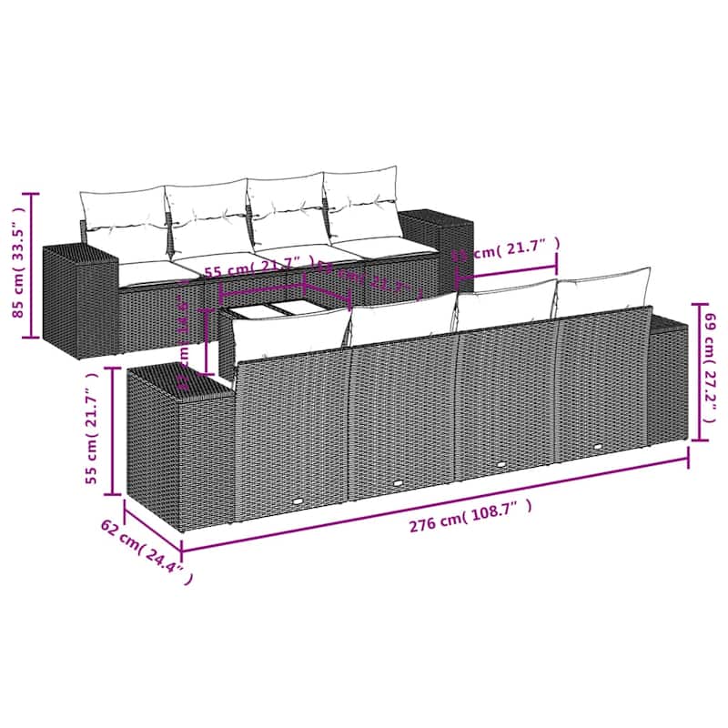 vidaXL Patio Sofa Set with Cushions Outdoor Furniture 9 Piece Poly Rattan - 21.7 x 21.7 x 14.6