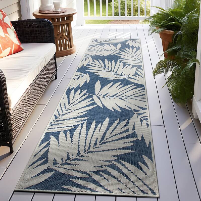 World Rug Gallery Floral Nature Inspired Indoor/Outdoor Area Rug - 2' x 7' Runner - Blue