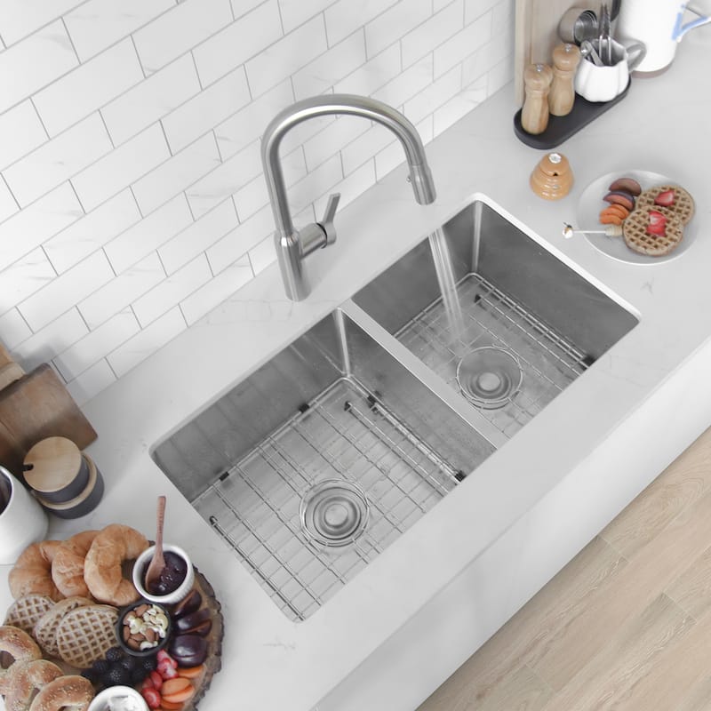 Undermount 33" Stainless Steel Double Bowl Kitchen Sink Handmade - 33" x 18" x 10"