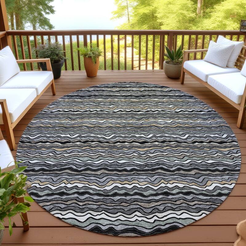 Machine Washable Indoor/ Outdoor Ziggy Stripe Chantille Rug - Black - 8' x 8'