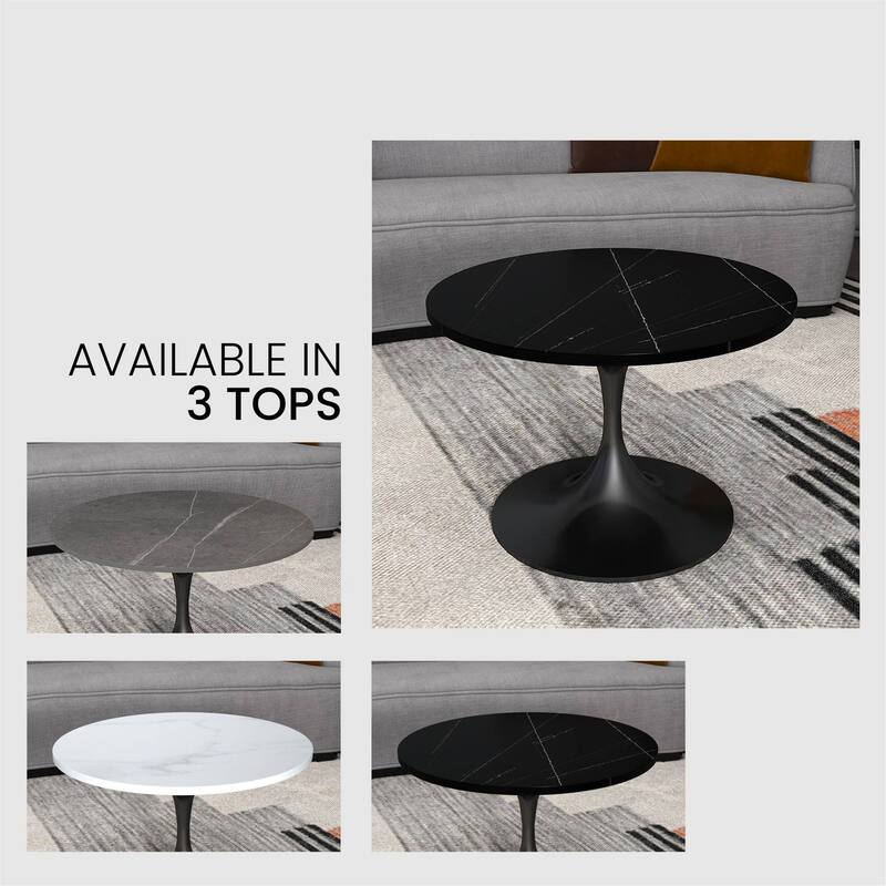 LeisureMod Verve 24" Round Coffee Table with Sintered TableTop and Black Steel Base for Living & Bedroom