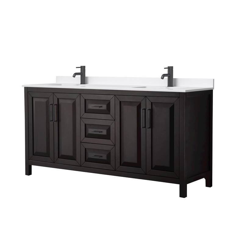 Daria 72-inch Double Vanity, Single Hole Quartz Top - Dark Espresso, Black Trim, White Quartz Top