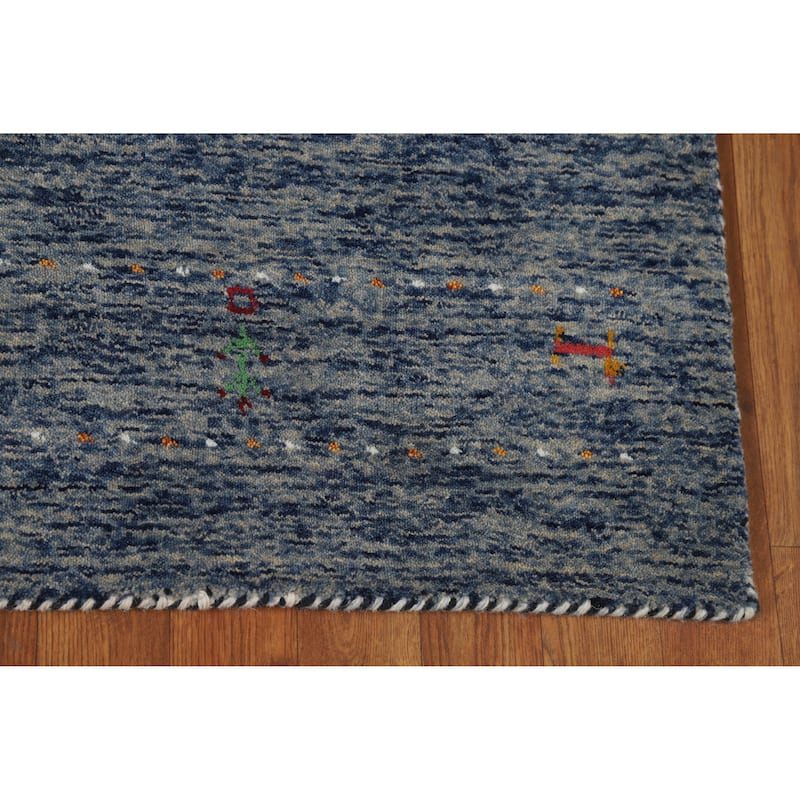 Striped Blue Gabbeh Oriental Rug Hand-Knotted Wool Carpet - 4'0" x 5'10"
