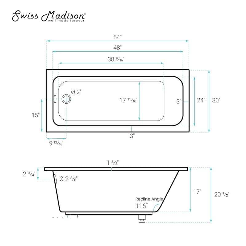 Lausanne 54"X30" Reversible Drain Drop-In Bathtub In Matte Black - 30x54 Reversible