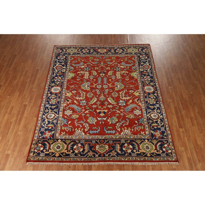 Hand Knotted Oriental 100% Wool Carpet Transitional All-Over Red Oushak Area Rug - 9' 11'' X 7' 11''