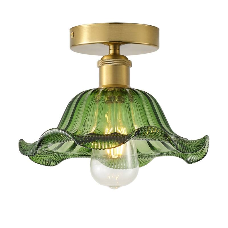 Modern Semi- Flushmount Ceiling Light with Green Tinted Glass and Electroplated Brass Finish