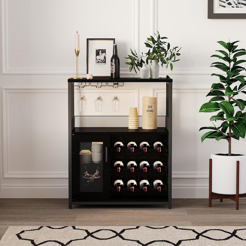 3-Tier Wine Bar Cabinet with Storage, Wine Rack & Glass Holder, Small Liquor Cabinet for Home, Black Corner Storage with Shelves - Black