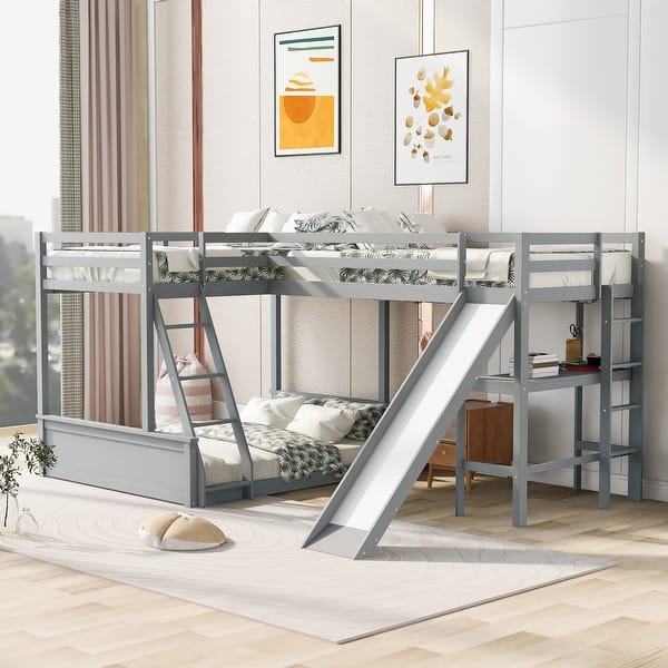 slide 2 of 18, Twin over Full Bunk Bed with Desk and Slide,Full-Length Guardrail Twin Size Loft Bed. Grey