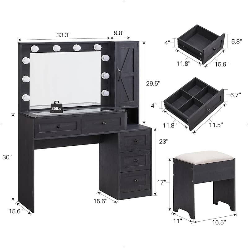 Farmhouse Vanity Makeup Desk with Charging Station, Makeup Table Set