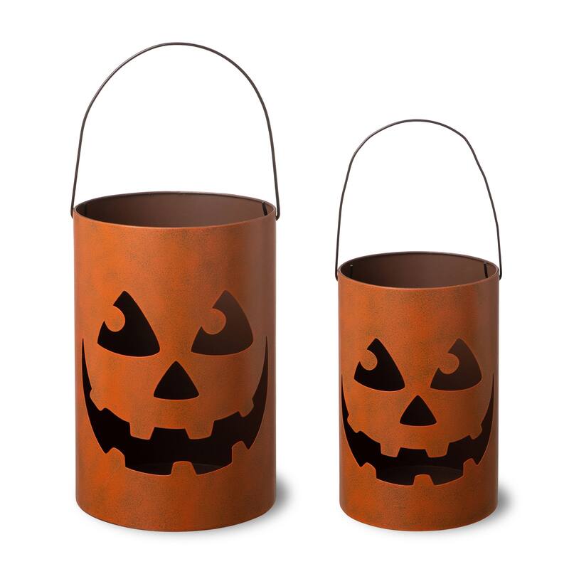 Glitzhome Set of 2 Hollow Out Metal Bucket Lanterns Candle Holder for Fall Halloween Thanksgiving
