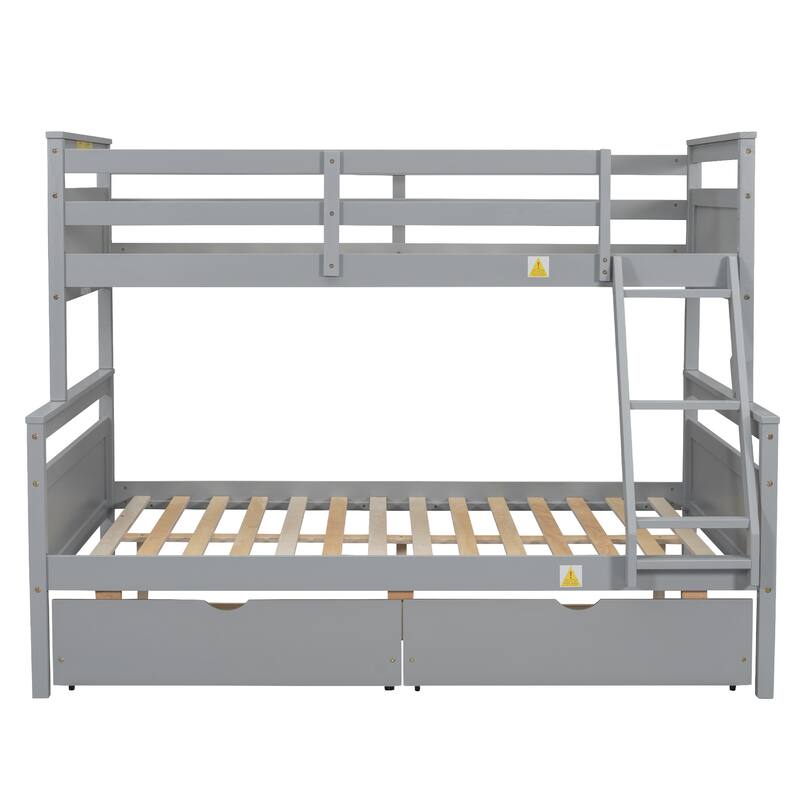 Twin over Full Pine Wood Bunk Bed with Ladder and Two Storage Drawers