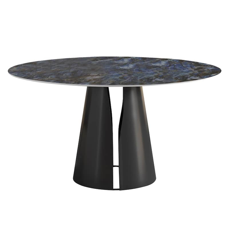 Modern Stone Table Top Carbon Steel Black Pedestal Base Dining Table - 4 Seats - Blue