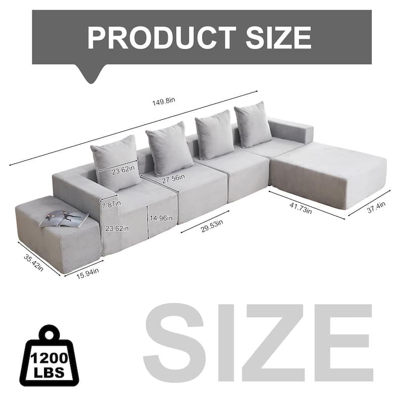 4-Seat Modular Sofa Sectional with Oversized Chaise & Ottomans Cloud Couch in Soft Corduroy Fabric
