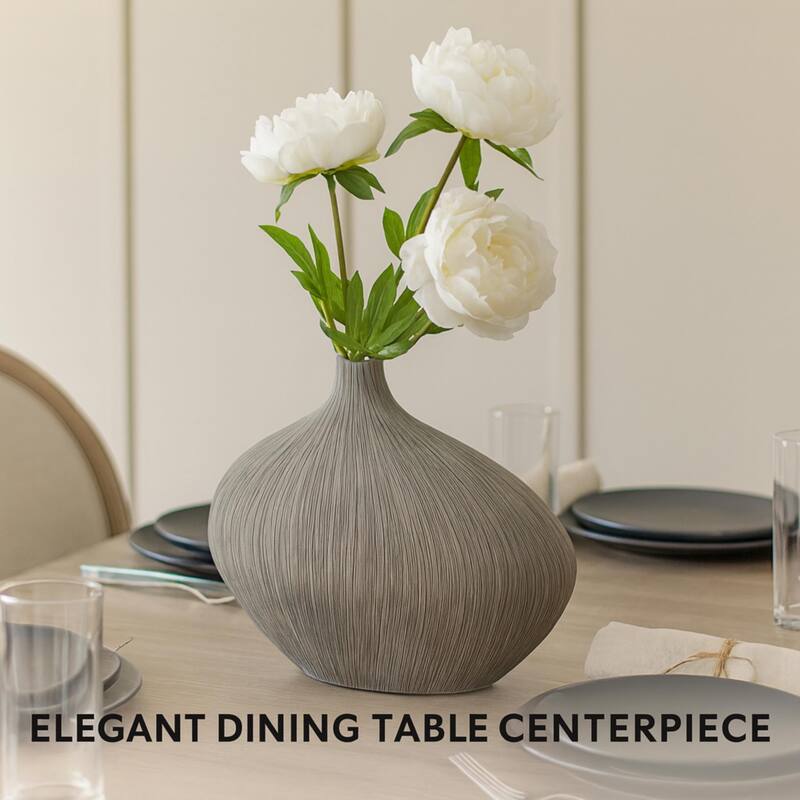 Aria Home Grey Stria Bloom Polyresin Vase with Textured Lines Decor Accent