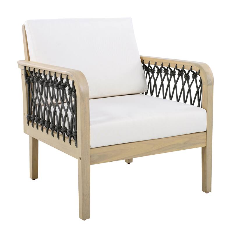 Christopher Knight Home - Outdoor Patio 28.94" Acacia Wood Club Chair with Handwoven Rope Panels and Cushions - 1-piece - Cream,Dark Gray,Light Teak finish