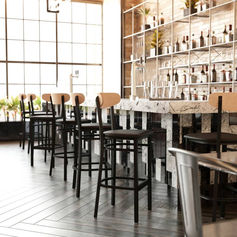 Commercial Metal Barstool with Wood Seat and Boomerang Back