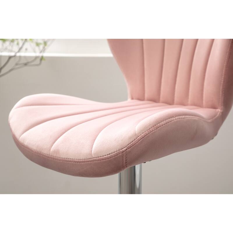 Set of 2 Adjustable Swivel Barstools with Upholstered Bucket Seats and Chrome Footrest.