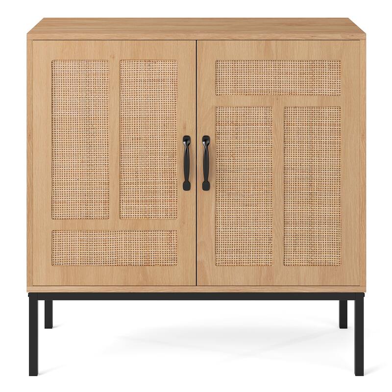 Natural Rattan Storage Cabinet with Adjustable Shelf Modern Boho Sideboard Accent Console Table with Metal Legs