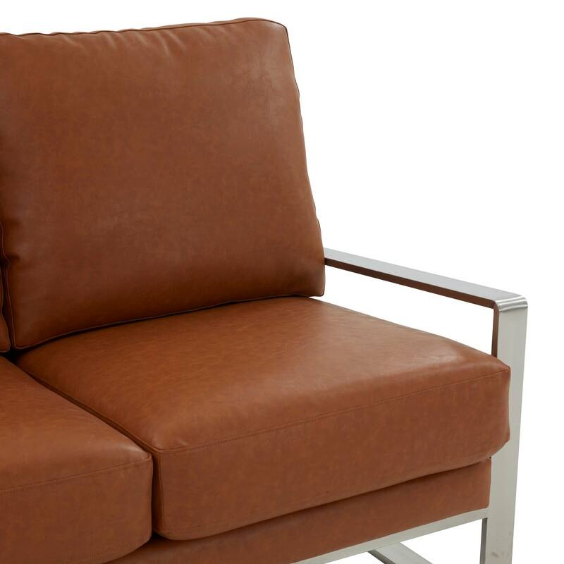 Jefferson Modern Leather Loveseat with Brushed Silver Stainless Steel Base, Removable Cushions, Sinuous Springs, Fully Assembled
