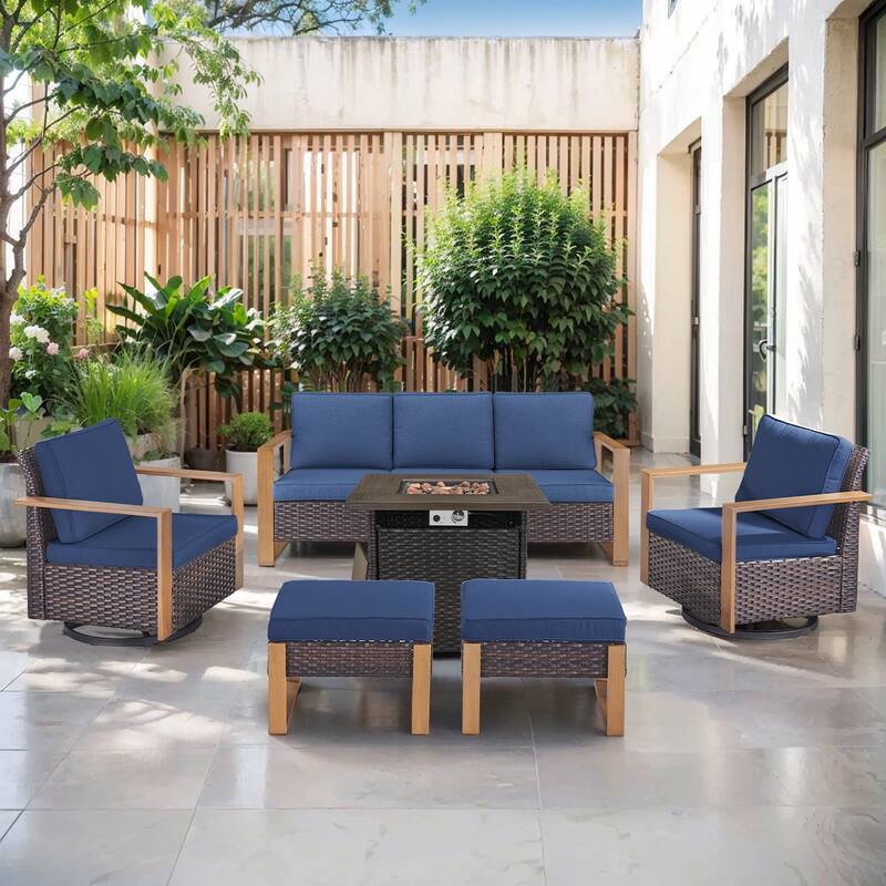 Pocassy Outdoor 30" Fire Pit Table with Sofa Swivel Chair Set - Brown Wicker Blue Cushion - 6-Piece Sofa Swivel Chair Ottoman with Fire Table