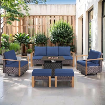 Pocassy Outdoor Fire Pit with 3-Seat Sofa Swivel Chairs Patio Furniture Set