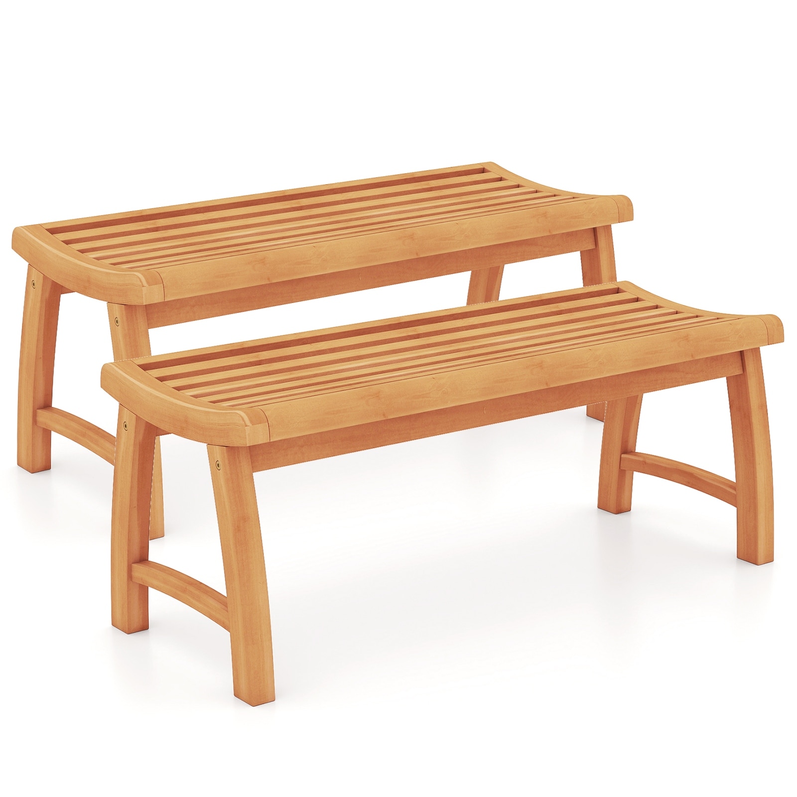 Gymax 2PCS 2-Person Patio Garden Dining Bench w/Contoured Slatted Seat