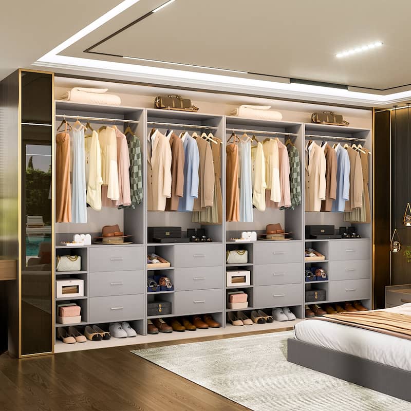 Cimly 30'' W Freestanding Closet System with Hanging Rod, Closet Organizer with Drawers and Shelves - 4pcs - Grey