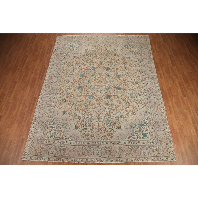 Hand Knotted Oriental 100% Wool Carpet Traditional Floral Beige & Ivories Tabriz Area Rug - 12' 8'' X 9' 8''