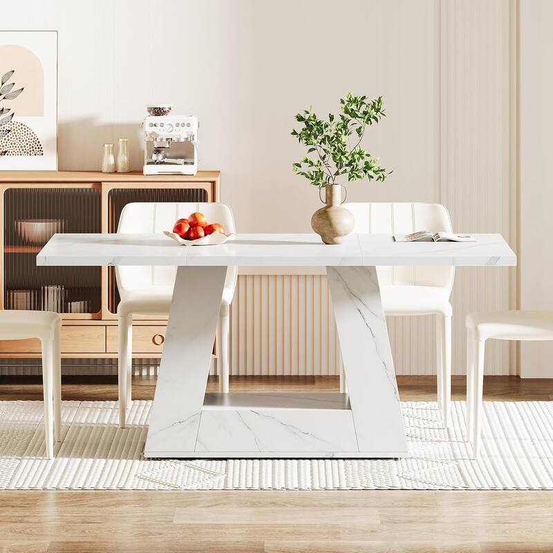 63" Modern Rectangular Dining Table for 4 to 6 People,Kitchen Table with Sturdy Trapezoid Base,Elegant Wood Veneer Dinner Table - White