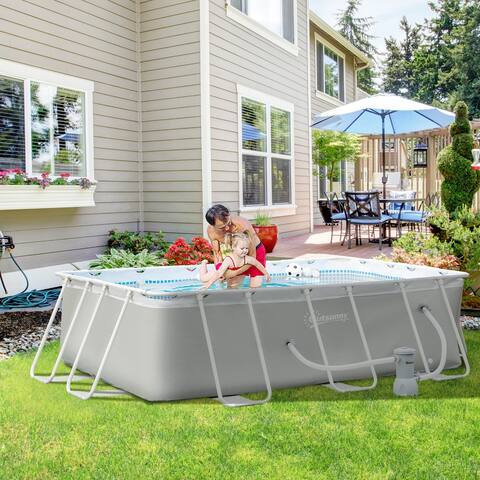 Outsunny 11ft x 7ft x 32in Steel Frame Pool with Filter Pump, Outdoor Rectangular Frame Above Ground Swimming Pool, Light Grey