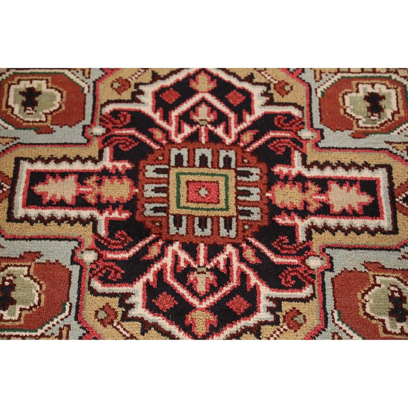Light Blue Medallion Heriz Serapi Indian Rug Hand-Knotted Wool Carpet - 7'11" x 9'10"