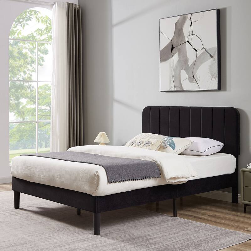 VECELO Velvet Upholstered Bed Frame with Vertical Channel Tufted Headboard, Adjustable Headboard, Wooden Slats Support