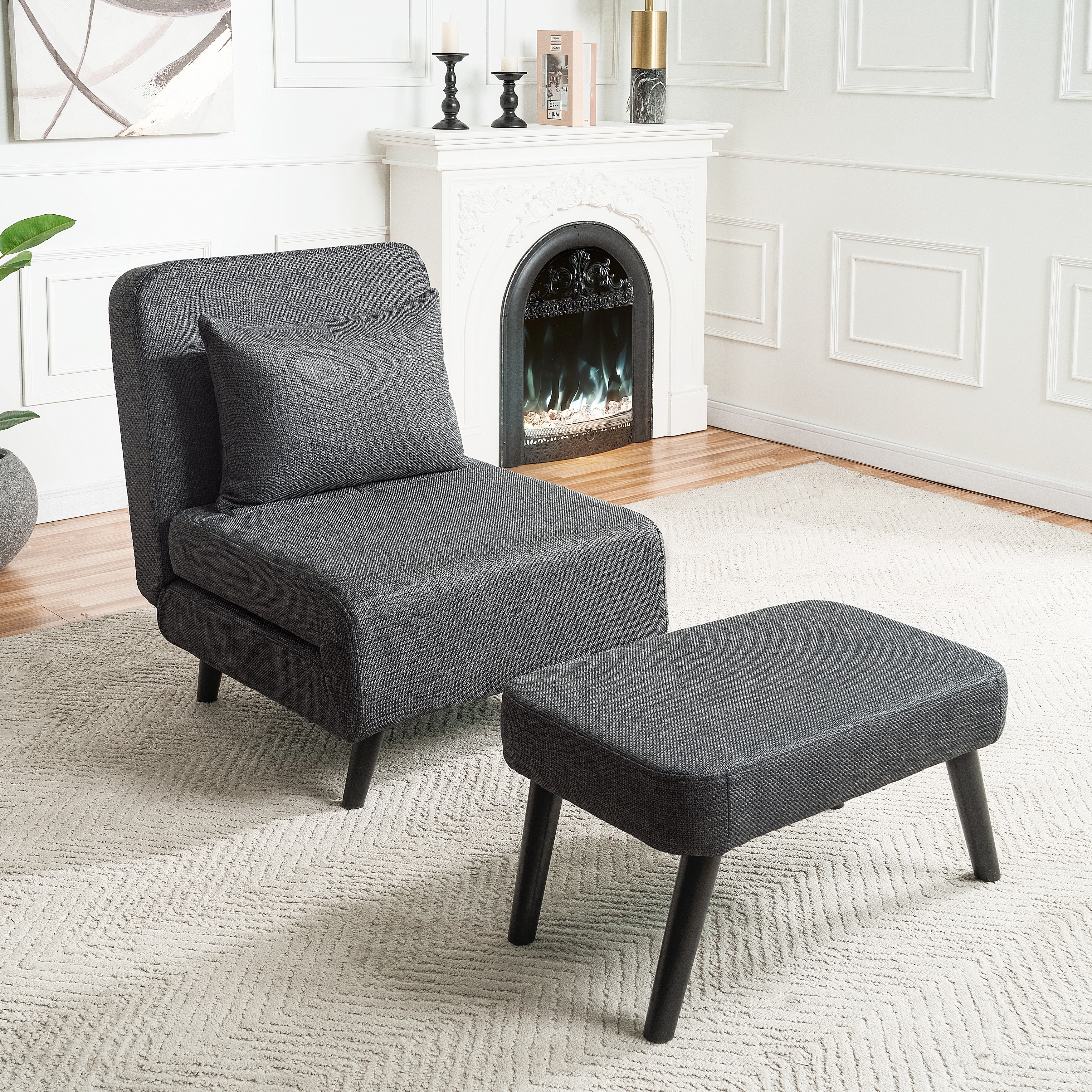 3 in 1 Foldable Linen Chaise Lounge with Adjustable Backrest, Footrest & Detachable Pillow, Convertible Chair Bed, Accent Chair