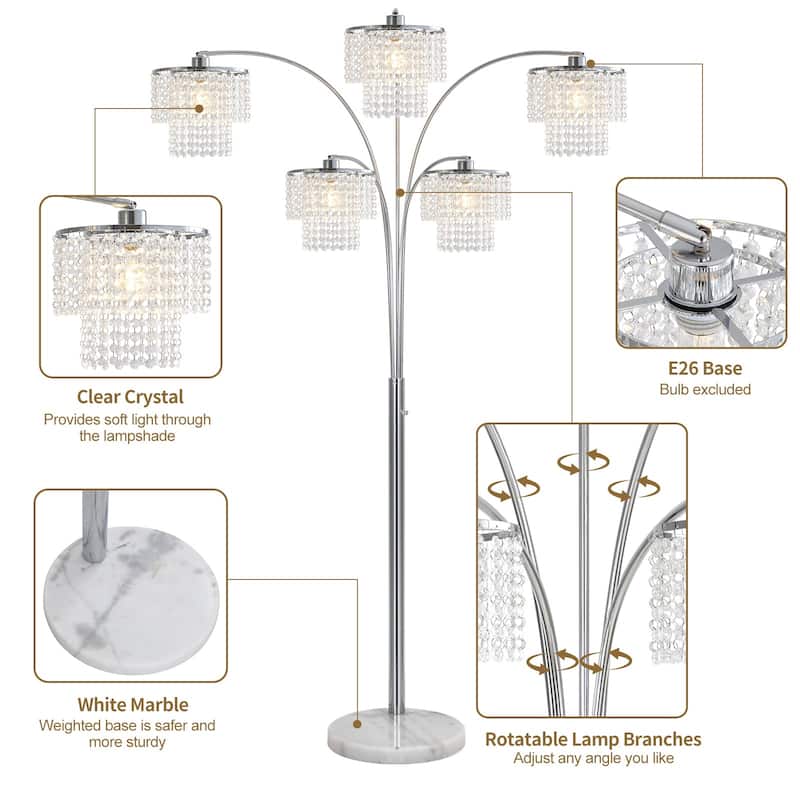 Brio 80" 5-Light Modern Crystal Arc Floor Lamp - 80