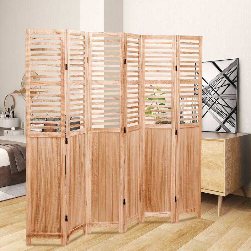 4/6 - Panel Solid Wood Folding Room Divider, Natural - Natural-6Panel