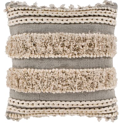 Rylie Taupe Bohemian Braided Shag Poly Fill Throw Pillow (22" x 22")