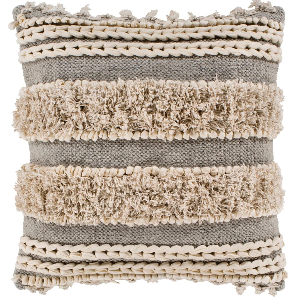 Rylie Taupe Bohemian Braided Shag Poly Fill Throw Pillow (22" x 22")