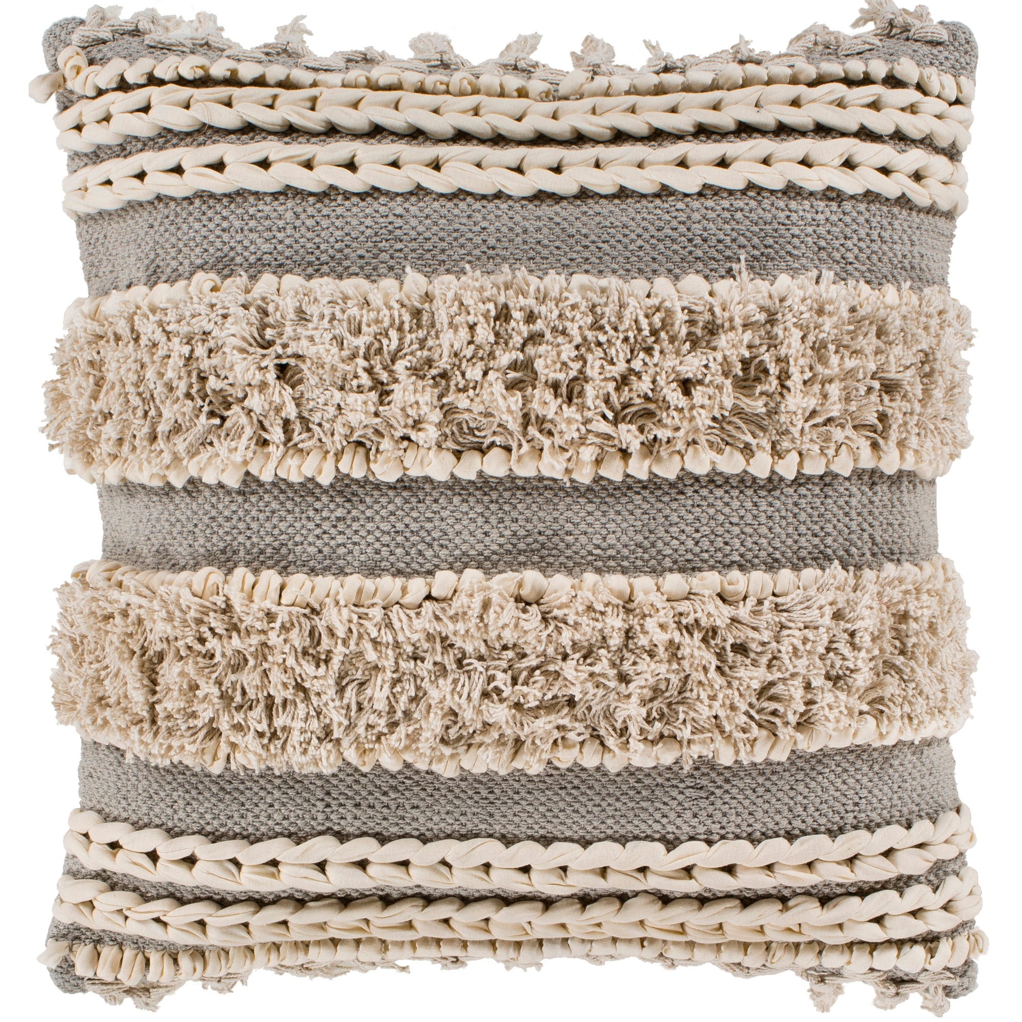 Rylie Taupe Bohemian Braided Shag Throw Pillow Cover (22" x 22")