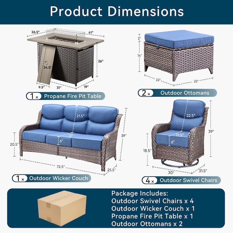 Pocassy 8 Pieces Outdoor 6 Inch Sofa Swivel Chair Ottoman with Fire Table