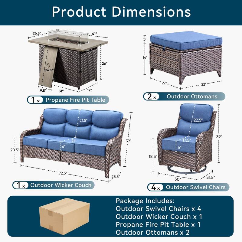 Pocassy Outdoor 6 Inch Sofa Chair Ottoman with Fire Pit Table Set