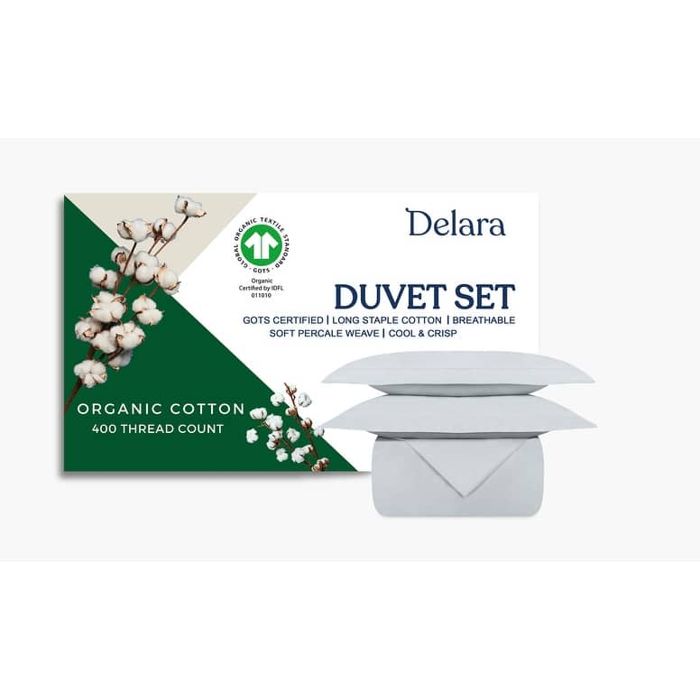Delara 100% Organic Cotton Percale Weave Duvet Cover Set, GOTS Certified, 400 Thread Count
