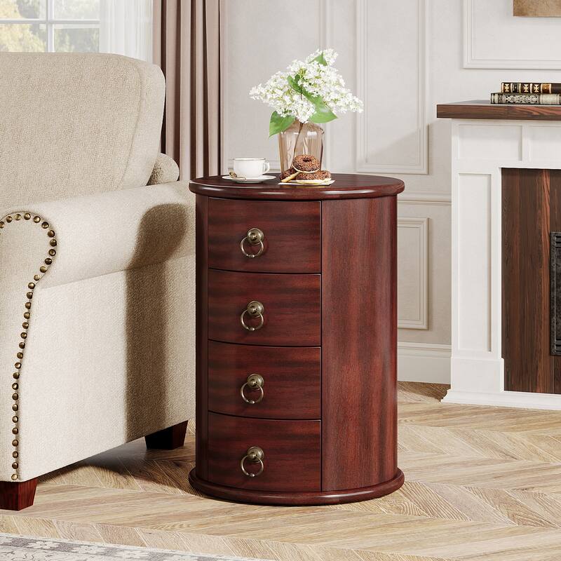 Solid Wood Bedside Table, Round Nightstand with 4 Drawers