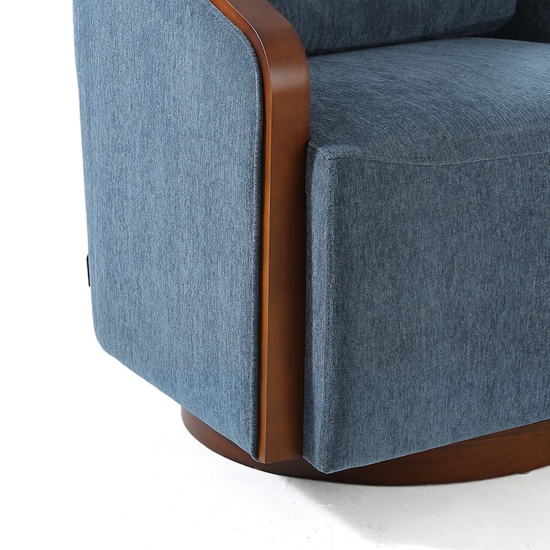 Upholstered Swivel Barrel Chair with Curved Wood Arms
