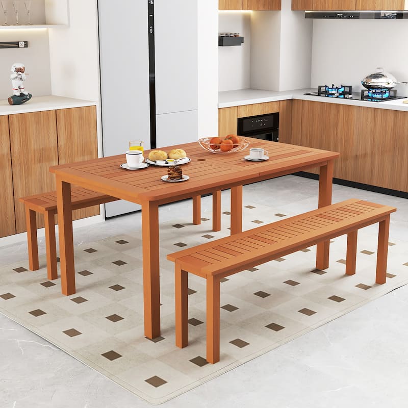 Gymax Patio Solid Wood Dining Table w/ Umbrella Hole Teak Oil Finish