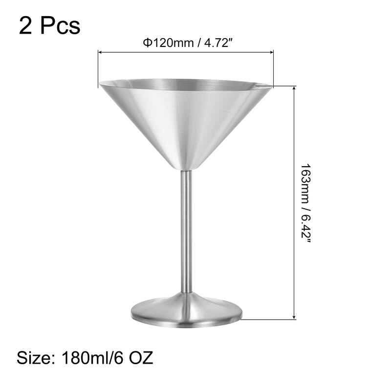 Stainless Steel Martini Cocktail Glasses, 2Pcs 180ml/6 OZ , Silver - Silver