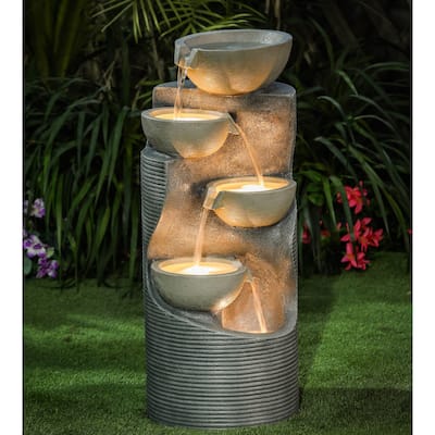 Cement Modern Tiered Bowls Outdoor / Patio Fountain with LED Light