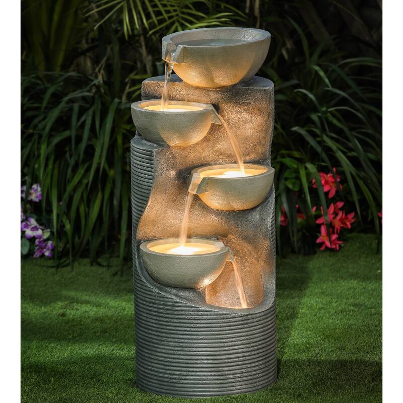 Modern Gray Resin Tiered Bowls Outdoor Fountain with Lights - 31.89" H x 13.39" W x 13" D