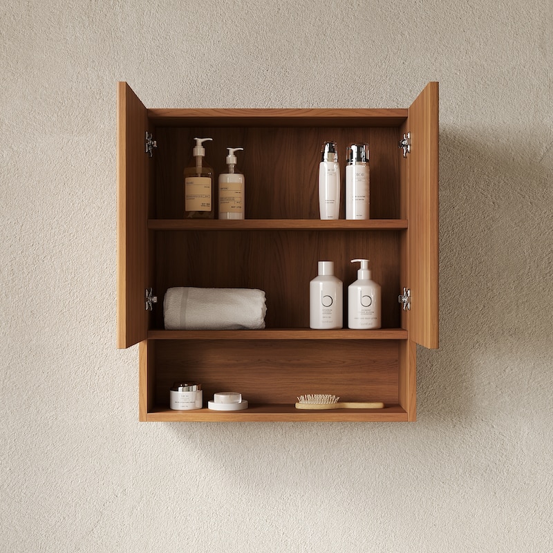 26" Wall-Mounted Striped Bathroom Cabinet, with Doors, Shelf and Open Storage - Brown