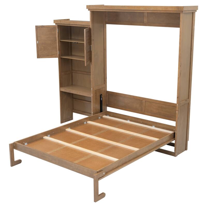 Queen Size Murphy Bed Wall Bed with Louvered Panel and Side Storage Shelves Space Saving Murphy Bed Pull Down Bed with Cabinets