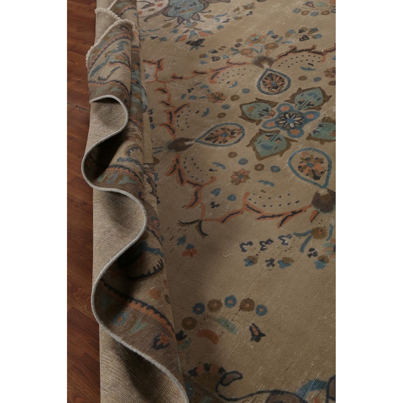 Tabriz Persian Vintage Area Rug Hand-Knotted Beige Wool Carpet - 9'6"x 12'5"